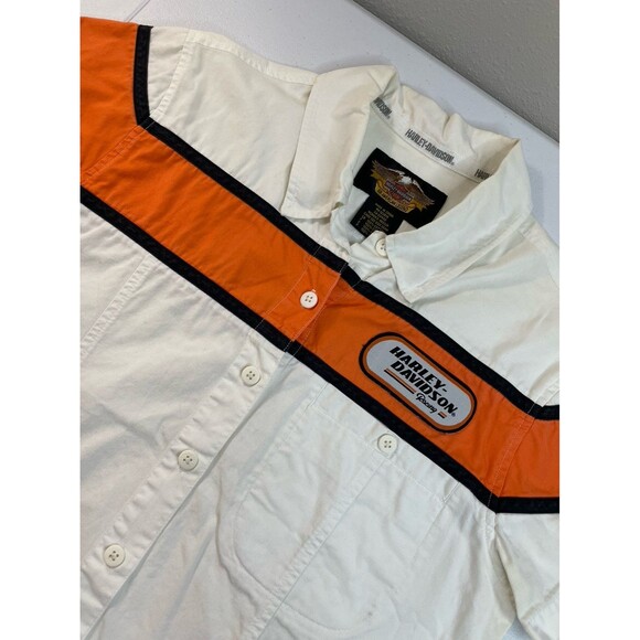 Harley-Davidson Button Up Shirt White Orange Racing Stripe Y2K Biker Size M - Picture 2 of 8